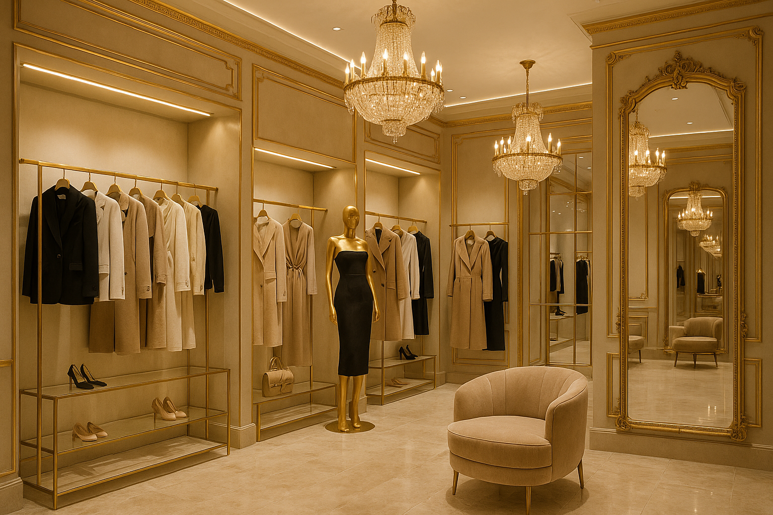 A luxe fashion store with beige and golden tints