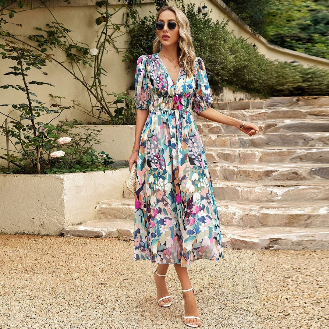 Damen Blumen A-Linie Kleid | Midi-Women Dress-Kremer Mode