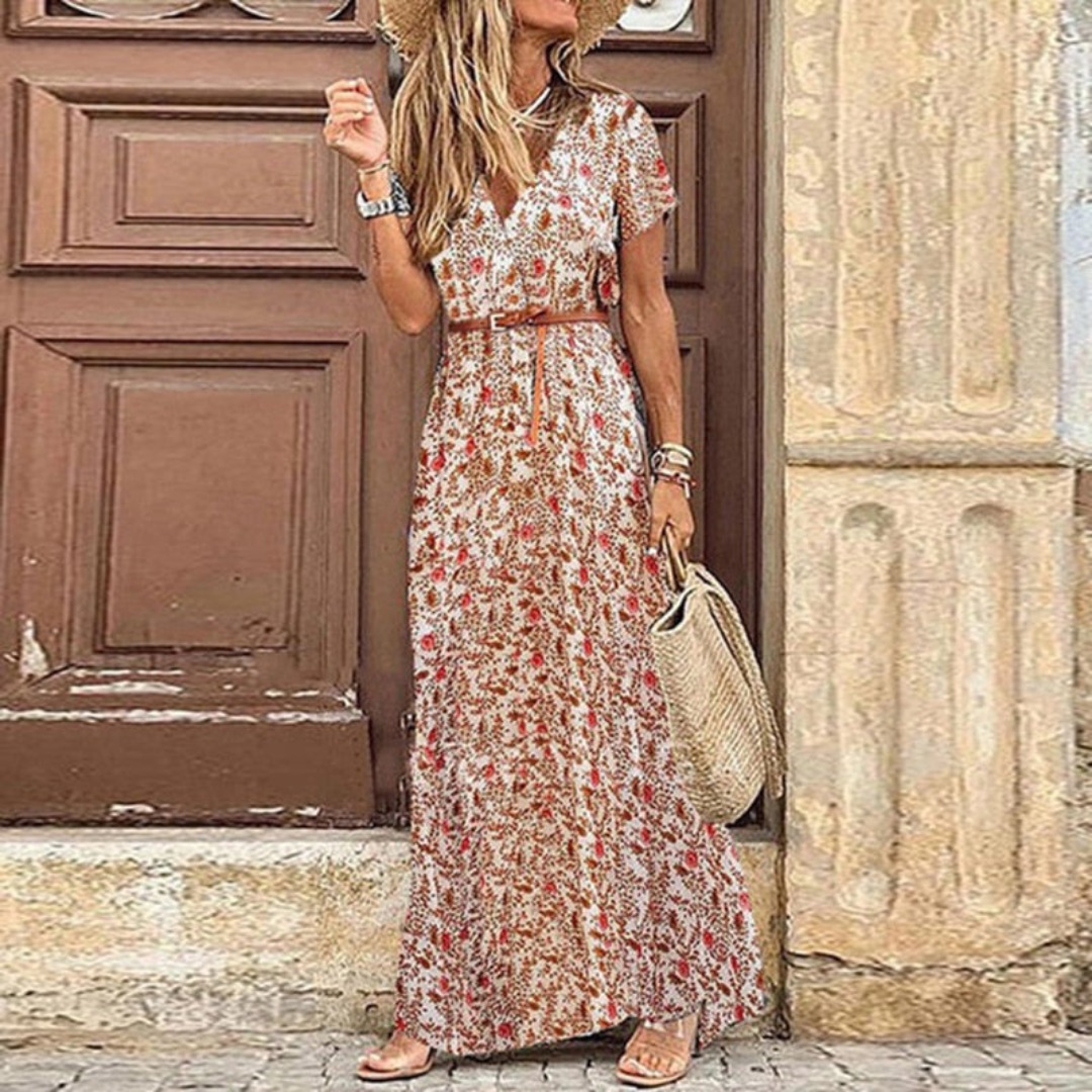 Damen Blumen Bedrucktes V-ausschnitt Kleid | Maxi-Women Dress-Kremer Mode