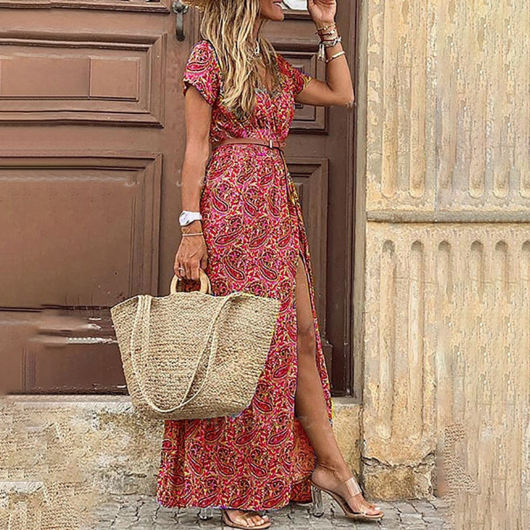Damen Blumen Bedrucktes V-ausschnitt Kleid | Maxi-Women Dress-Kremer Mode