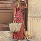 Damen Blumen Bedrucktes V-ausschnitt Kleid | Maxi-Women Dress-Kremer Mode