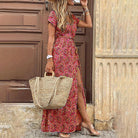Damen Blumen Bedrucktes V-ausschnitt Kleid | Maxi-Women Dress-Kremer Mode