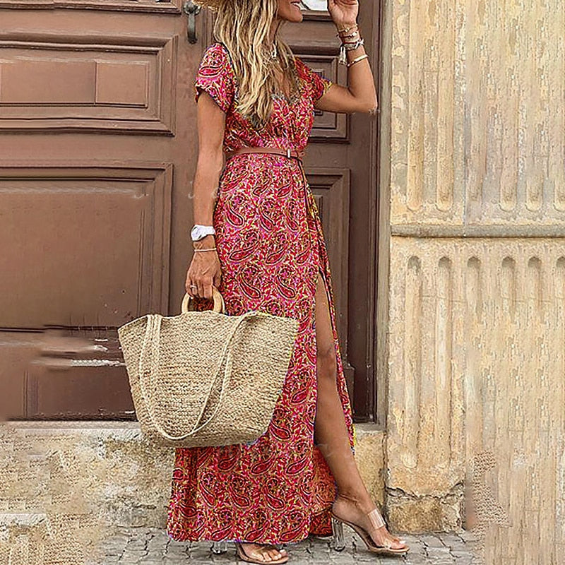 Damen Blumen Bedrucktes V-ausschnitt Kleid | Maxi-Women Dress-Kremer Mode