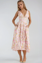 Damen Blumen V-Ausschnitt Ärmelloses Hochzeitsgast Kleid | Midi-Women Dress-Kremer Mode