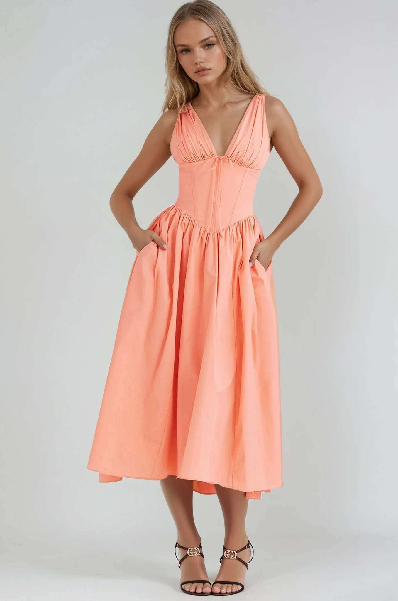 Damen Blumen V-Ausschnitt Ärmelloses Hochzeitsgast Kleid | Midi-Women Dress-Kremer Mode