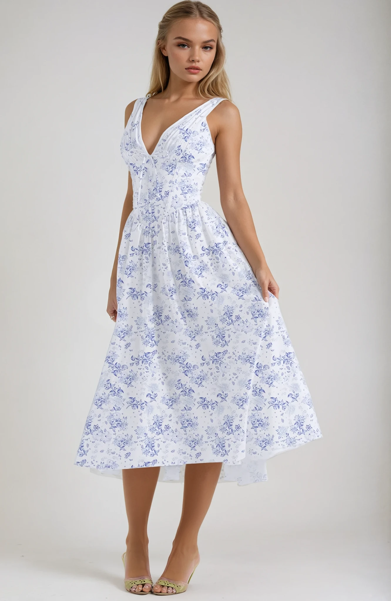 Damen Blumen V-Ausschnitt Ärmelloses Hochzeitsgast Kleid | Midi-Women Dress-Kremer Mode