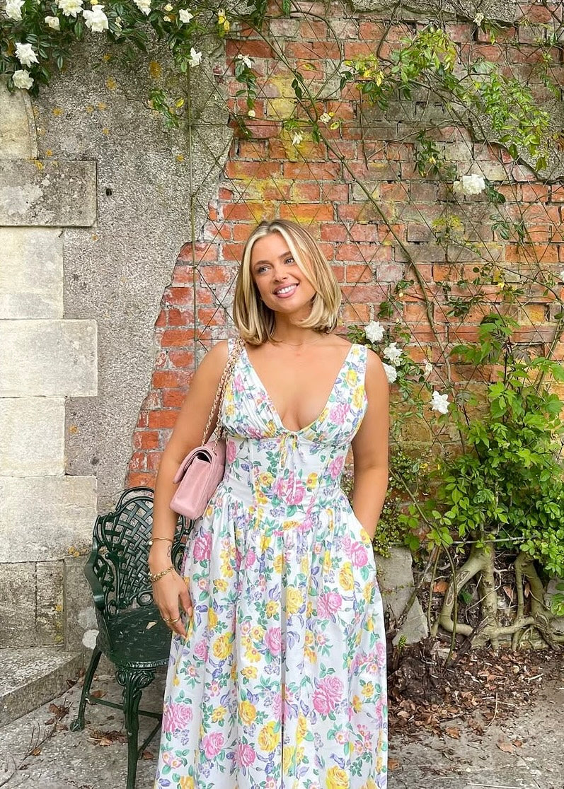 Damen Blumen V-Ausschnitt Ärmelloses Hochzeitsgast Kleid | Midi-Women Dress-Kremer Mode
