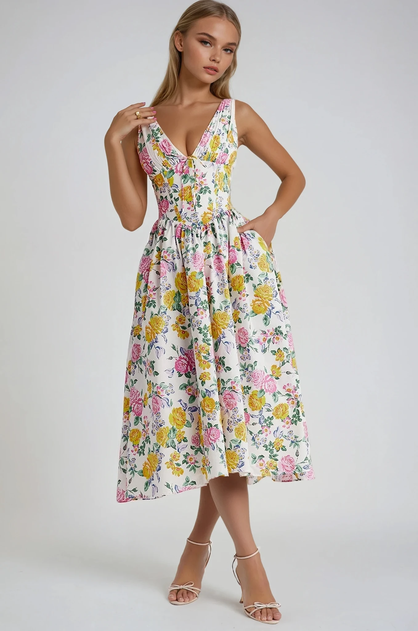 Damen Blumen V-Ausschnitt Ärmelloses Hochzeitsgast Kleid | Midi-Women Dress-Kremer Mode