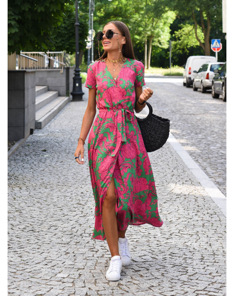 Damen Blumendruck Wickel Kleid | Midi-Women Dress-Kremer Mode