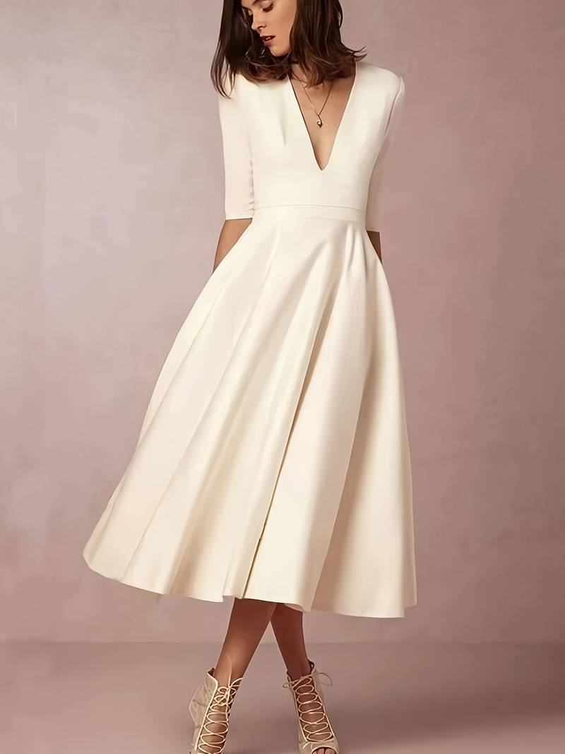 Damen Jahrgang Ausgestelltes Kleid | Midi-Women Dress-Kremer Mode