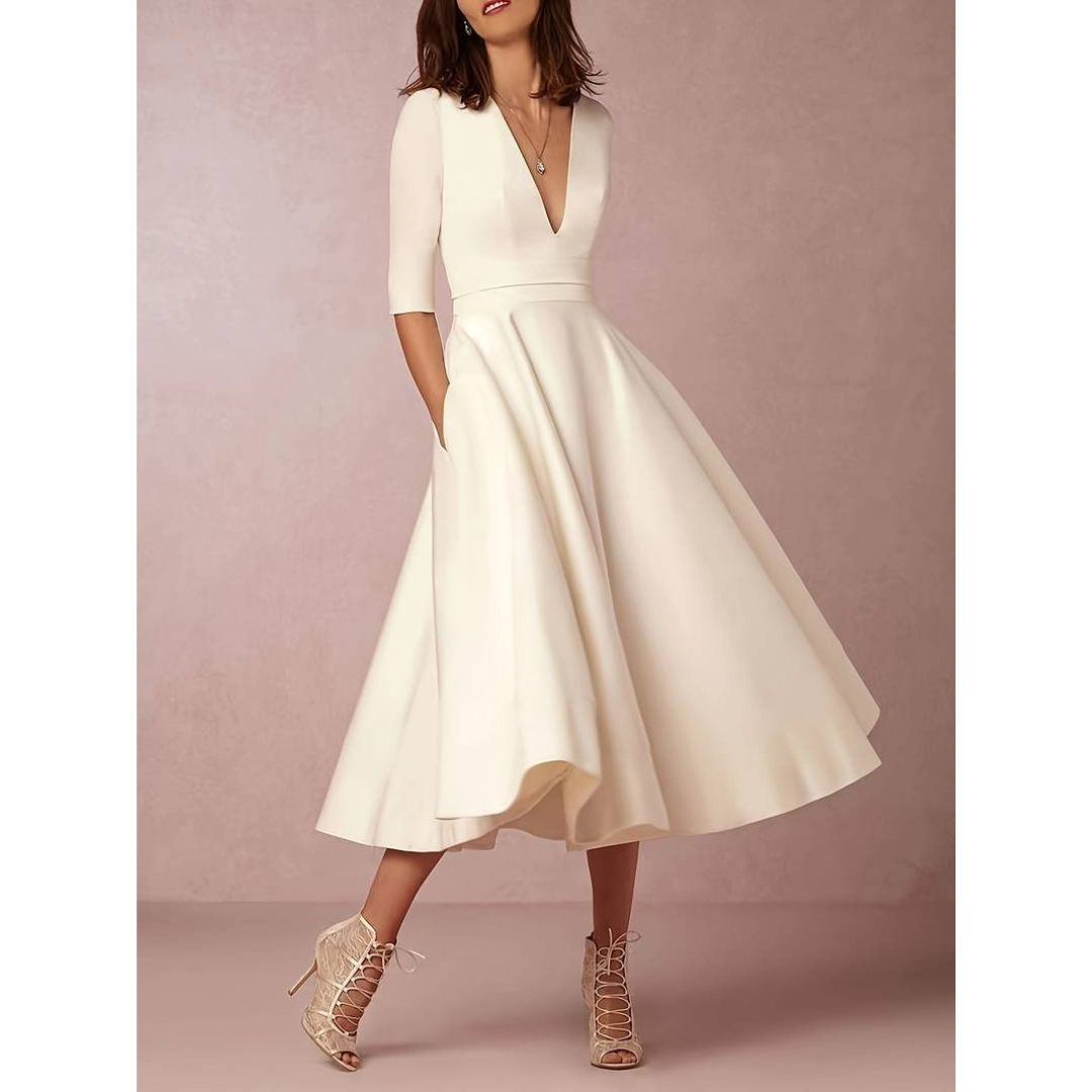 Damen Jahrgang Ausgestelltes Kleid | Midi-Women Dress-Kremer Mode