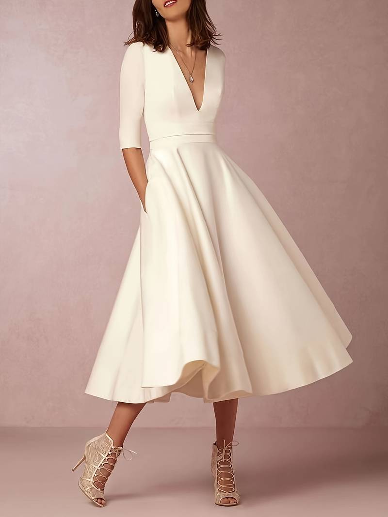 Damen Jahrgang Ausgestelltes Kleid | Midi-Women Dress-Kremer Mode