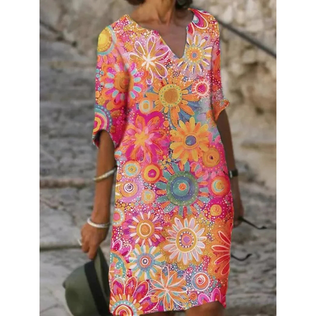 Damen Mehrfarbig V-Ausschnitt Kleid | Mini-Women Dress-Kremer Mode