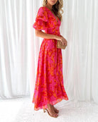Damen Puffärmel Blumen V-Ausschnitt Kleid | Maxi-Women Dress-Kremer Mode