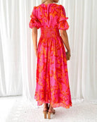 Damen Puffärmel Blumen V-Ausschnitt Kleid | Maxi-Women Dress-Kremer Mode
