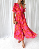 Damen Puffärmel Blumen V-Ausschnitt Kleid | Maxi-Women Dress-Kremer Mode