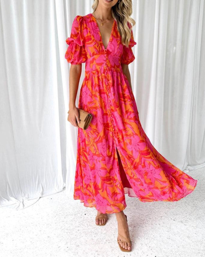 Damen Puffärmel Blumen V-Ausschnitt Kleid | Maxi-Women Dress-Kremer Mode