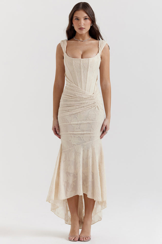 Damen Quadratischer Hals Ärmelloses Hochzeitsgast Kleid | Maxi-Women Dress-Kremer Mode