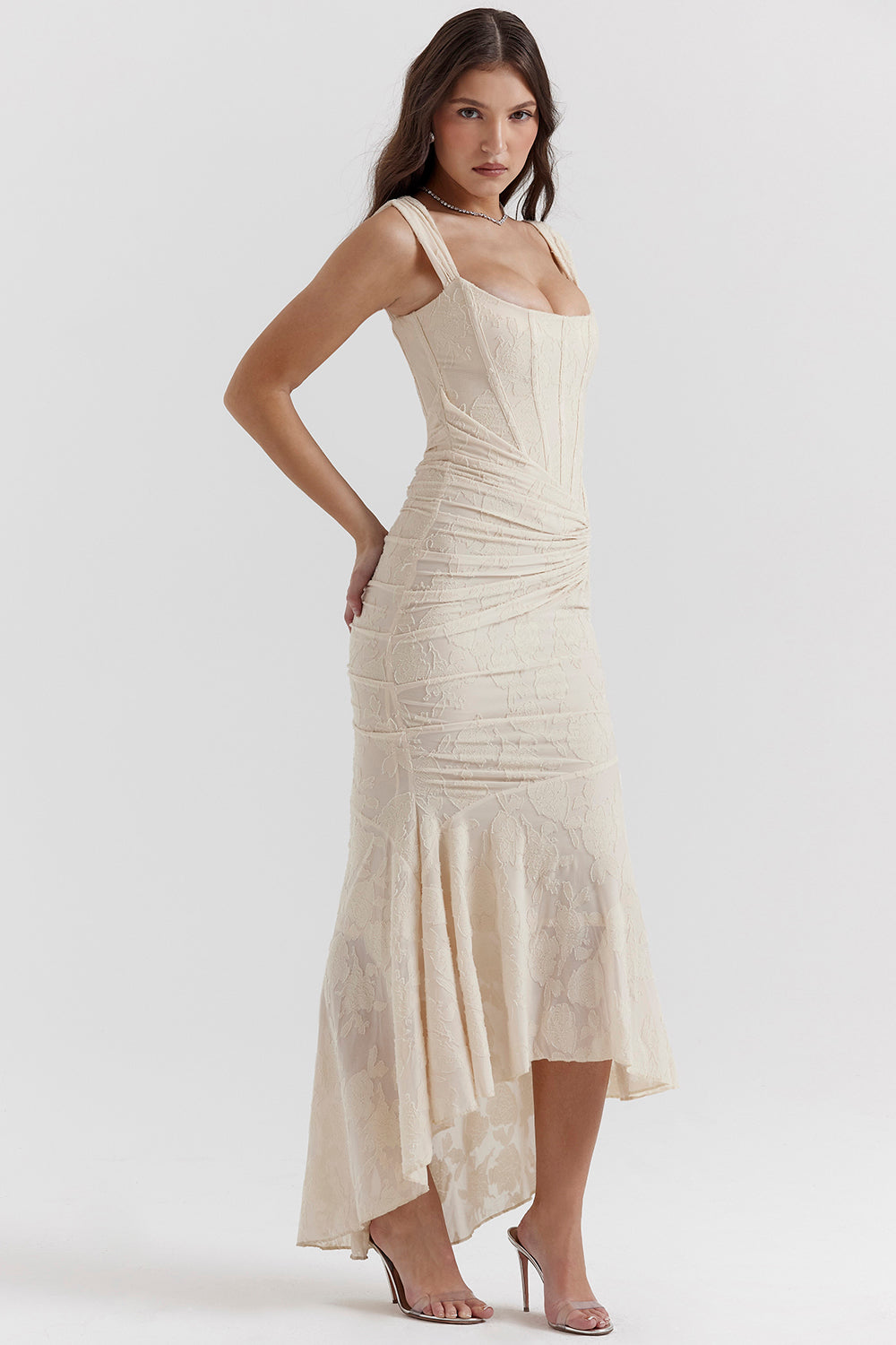 Damen Quadratischer Hals Ärmelloses Hochzeitsgast Kleid | Maxi-Women Dress-Kremer Mode