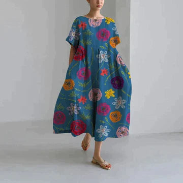 Damen Sommer Strand Blumen Kleid | Maxi-Women Dress-Kremer Mode