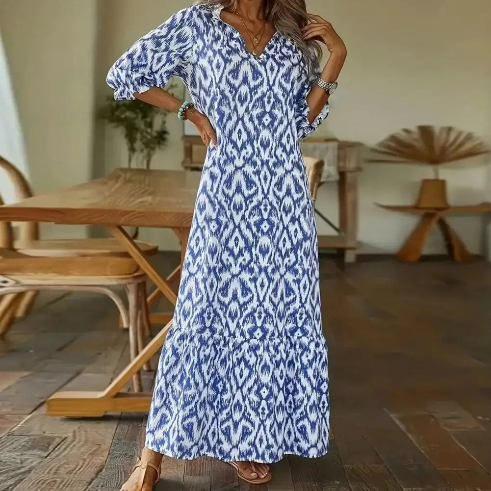 Damen V-Ausschnitt 3/4 Ärmel A-Linie Kleid | Maxi-Women Dress-Kremer Mode
