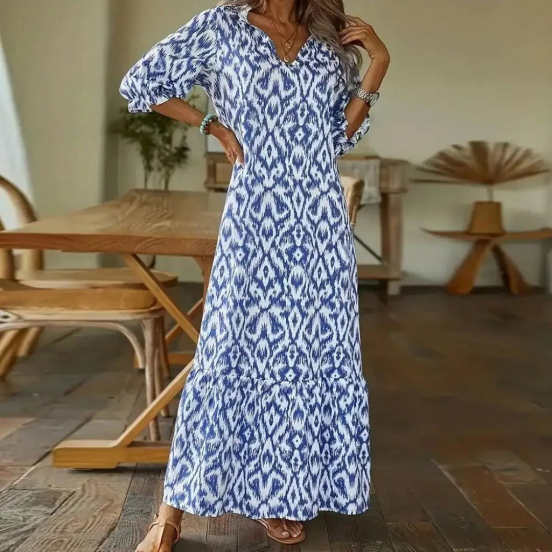 Damen V-Ausschnitt 3/4 Ärmel A-Linie Kleid | Maxi-Women Dress-Kremer Mode