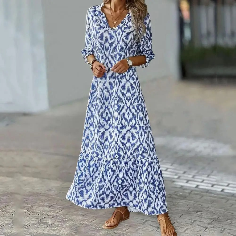 Damen V-Ausschnitt 3/4 Ärmel A-Linie Kleid | Maxi-Women Dress-Kremer Mode