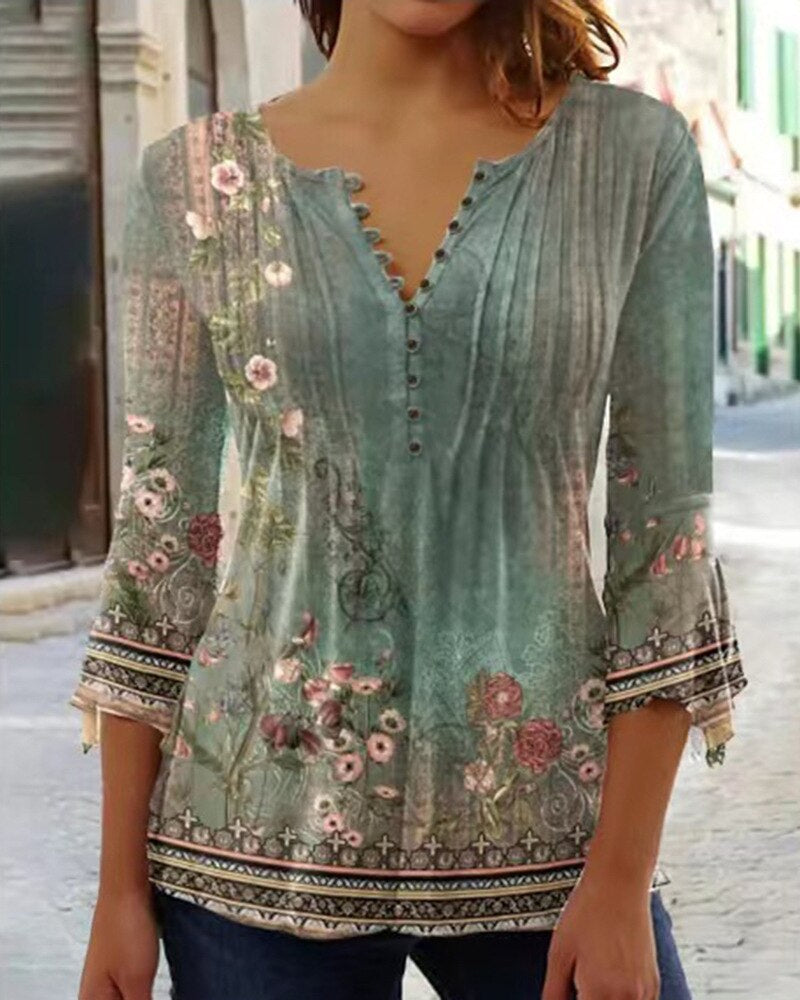 Damen V-Ausschnitt Blumendruck Bluse | 3/4 Ärmel-Women Blouse-Kremer Mode