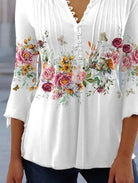 Damen V-Ausschnitt Blumendruck Bluse | 3/4 Ärmel-Women Blouse-Kremer Mode
