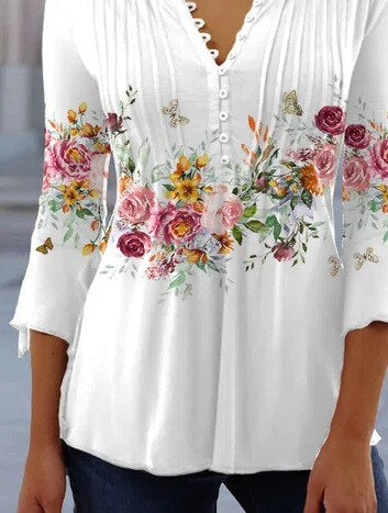 Damen V-Ausschnitt Blumendruck Bluse | 3/4 Ärmel-Women Blouse-Kremer Mode