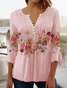 Damen V-Ausschnitt Blumendruck Bluse | 3/4 Ärmel-Women Blouse-Kremer Mode