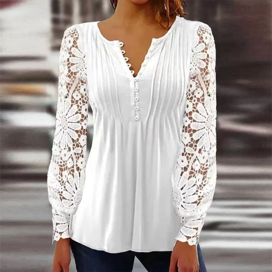 Damen V-Ausschnitt Blumendruck Bluse | 3/4 Ärmel-Women Blouse-Kremer Mode