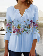 Damen V-Ausschnitt Blumendruck Bluse | 3/4 Ärmel-Women Blouse-Kremer Mode