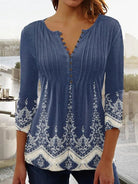 Damen V-Ausschnitt Blumendruck Bluse | 3/4 Ärmel-Women Blouse-Kremer Mode