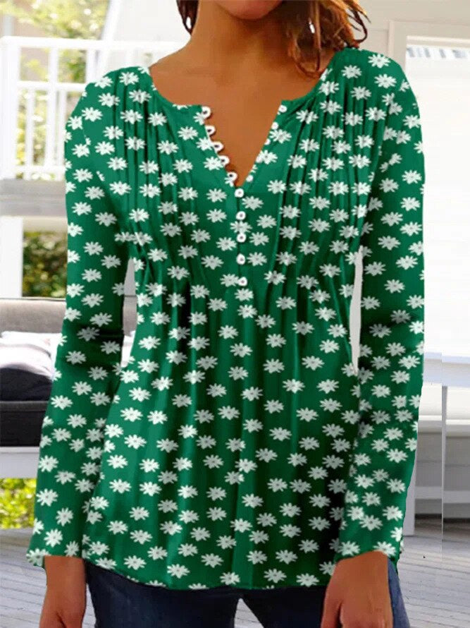 Damen V-Ausschnitt Blumendruck Bluse | 3/4 Ärmel-Women Blouse-Kremer Mode