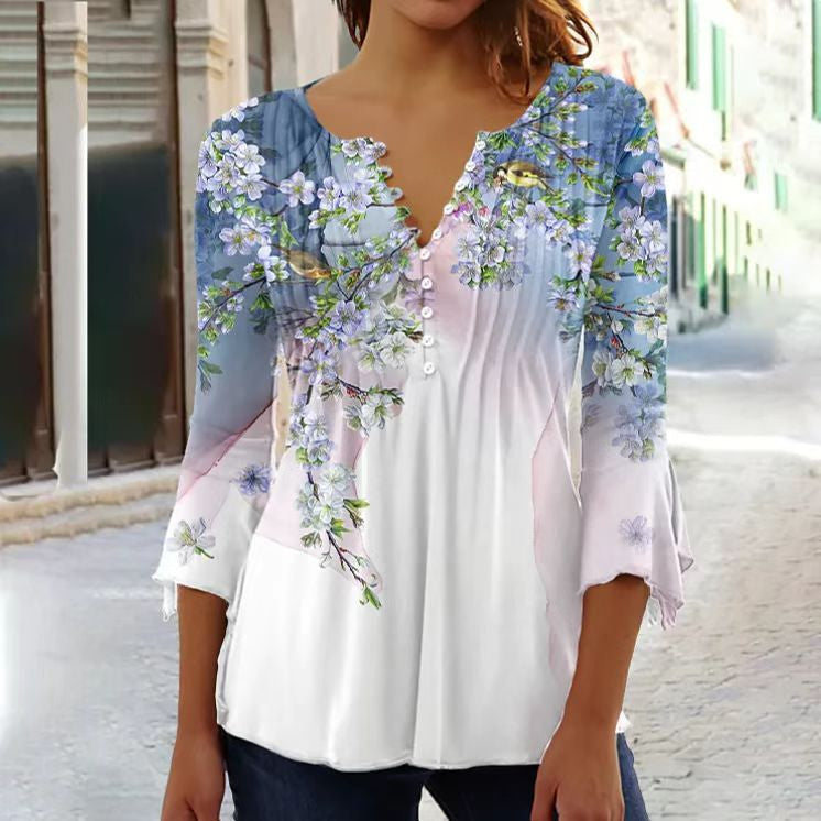 Damen V-Ausschnitt Blumendruck Bluse | 3/4 Ärmel-Women Blouse-Kremer Mode
