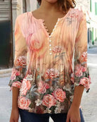 Damen V-Ausschnitt Blumendruck Bluse | 3/4 Ärmel-Women Blouse-Kremer Mode