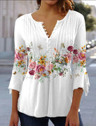 Damen V-Ausschnitt Blumendruck Bluse | 3/4 Ärmel-Women Blouse-Kremer Mode