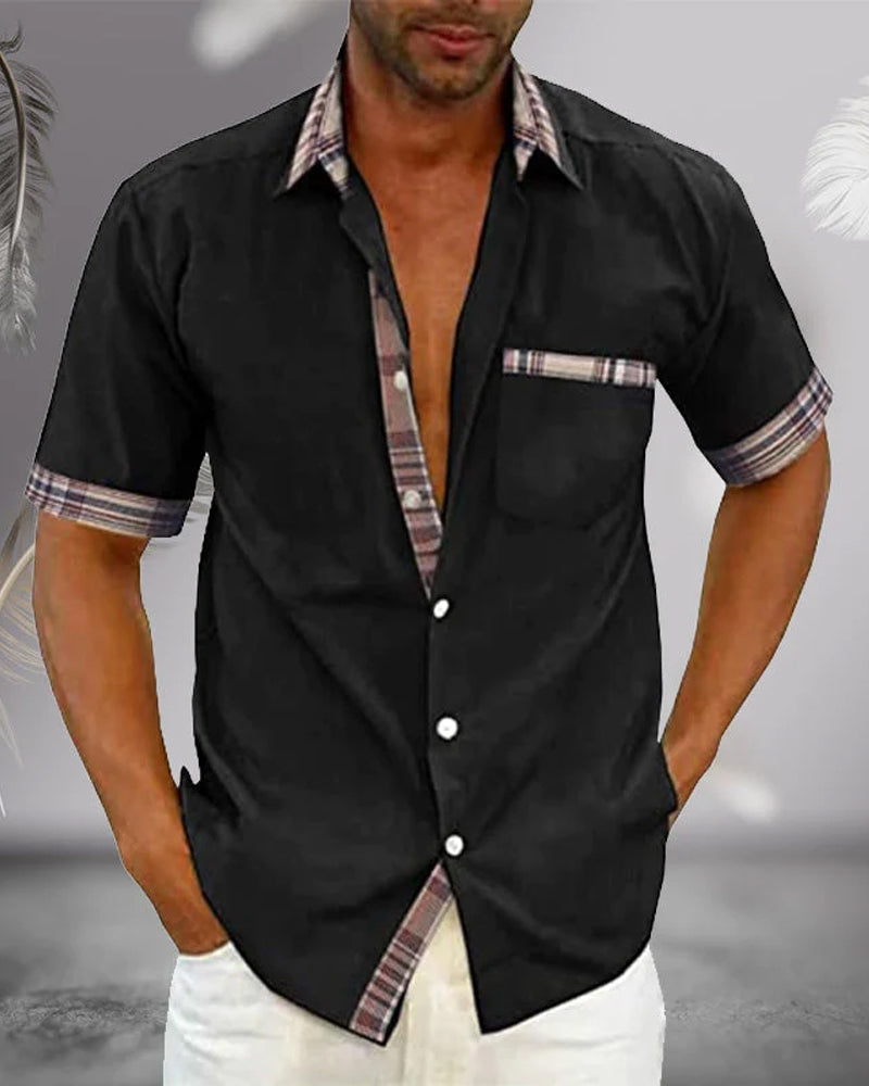 Herren Kariert Patchwork Ärmel Hemd | Lässig-Men Shirt-Kremer Mode