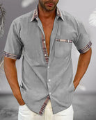 Herren Kariert Patchwork Ärmel Hemd | Lässig-Men Shirt-Kremer Mode