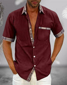 Herren Kariert Patchwork Ärmel Hemd | Lässig-Men Shirt-Kremer Mode