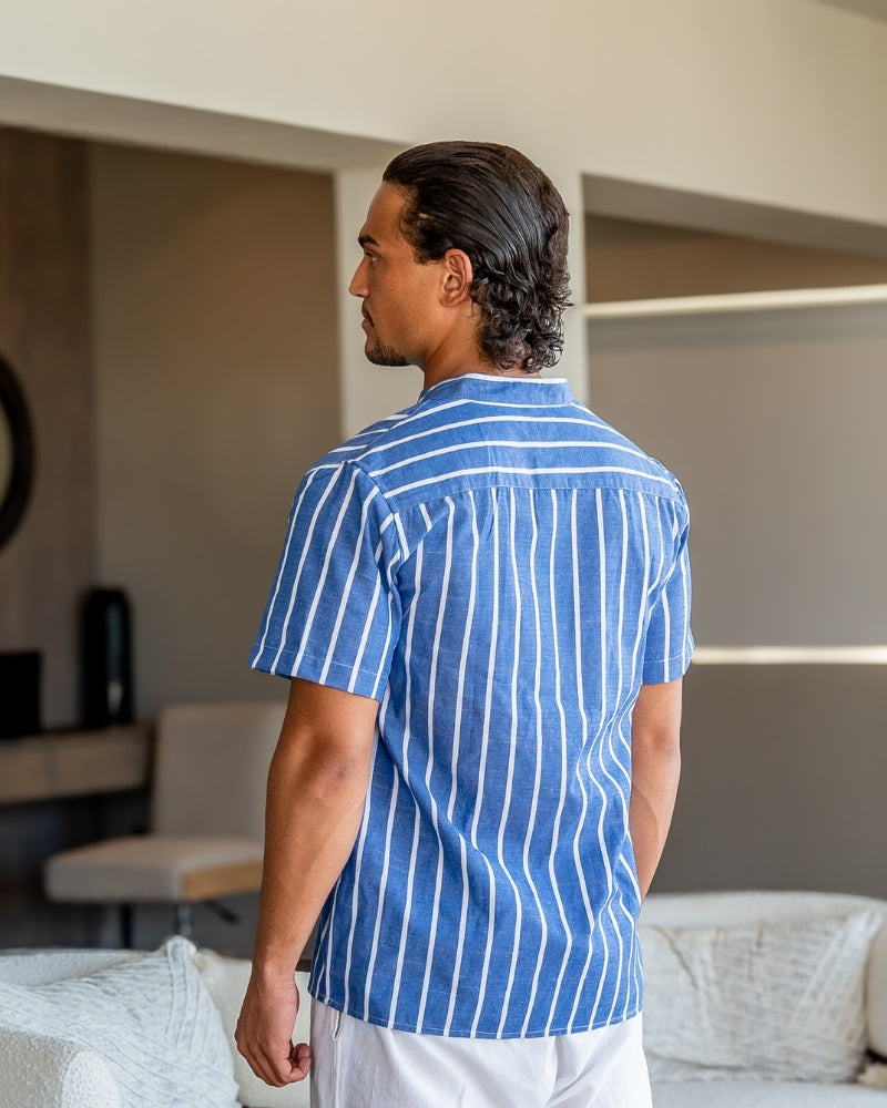 Herren Lässiges Gestreiftes Chinesisches Kragen Hemd | Kurzarm-Men Shirt-Kremer Mode