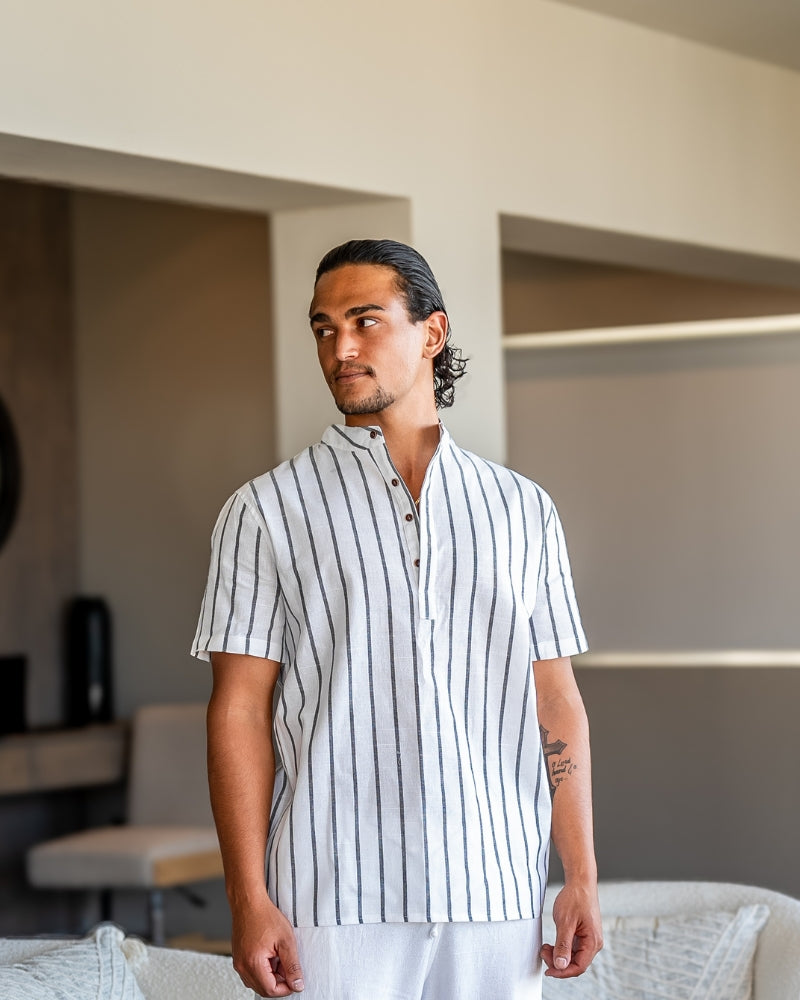 Herren Lässiges Gestreiftes Chinesisches Kragen Hemd | Kurzarm-Men Shirt-Kremer Mode