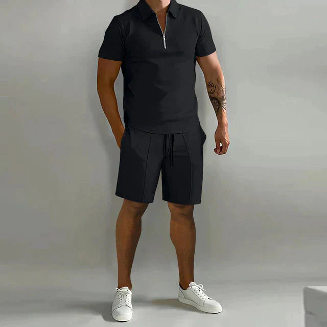 Herren Sommer Viertelreißverschluss Hemd und Shorts Set | 2-teilig-Men Set-Kremer Mode