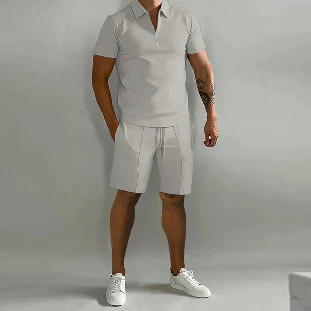 Herren Sommer Viertelreißverschluss Hemd und Shorts Set | 2-teilig-Men Set-Kremer Mode