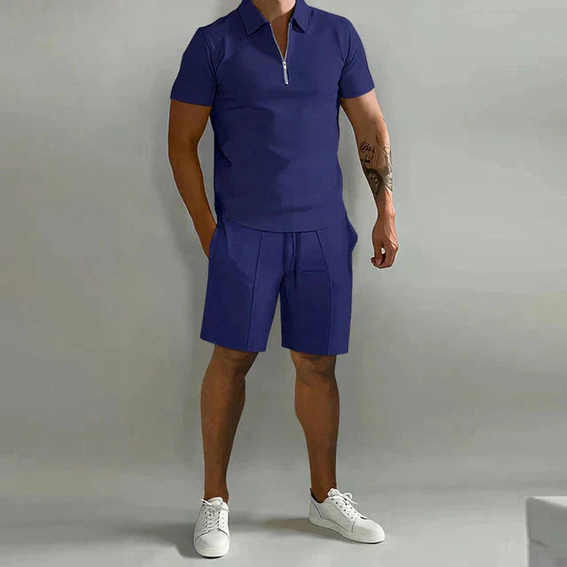 Herren Sommer Viertelreißverschluss Hemd und Shorts Set | 2-teilig-Men Set-Kremer Mode