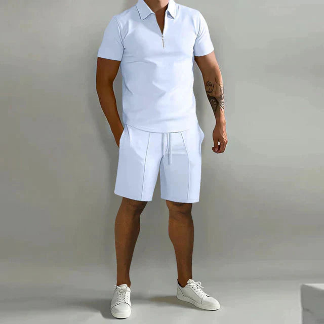 Herren Sommer Viertelreißverschluss Hemd und Shorts Set | 2-teilig-Men Set-Kremer Mode