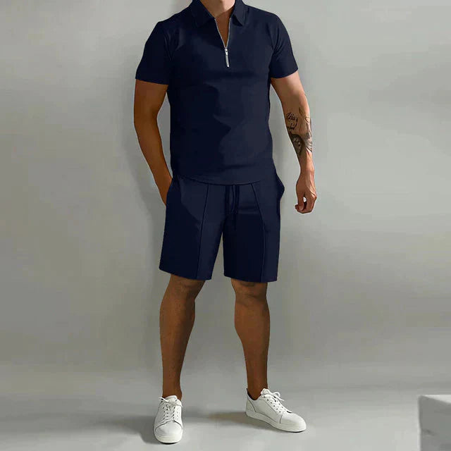 Herren Sommer Viertelreißverschluss Hemd und Shorts Set | 2-teilig-Men Set-Kremer Mode