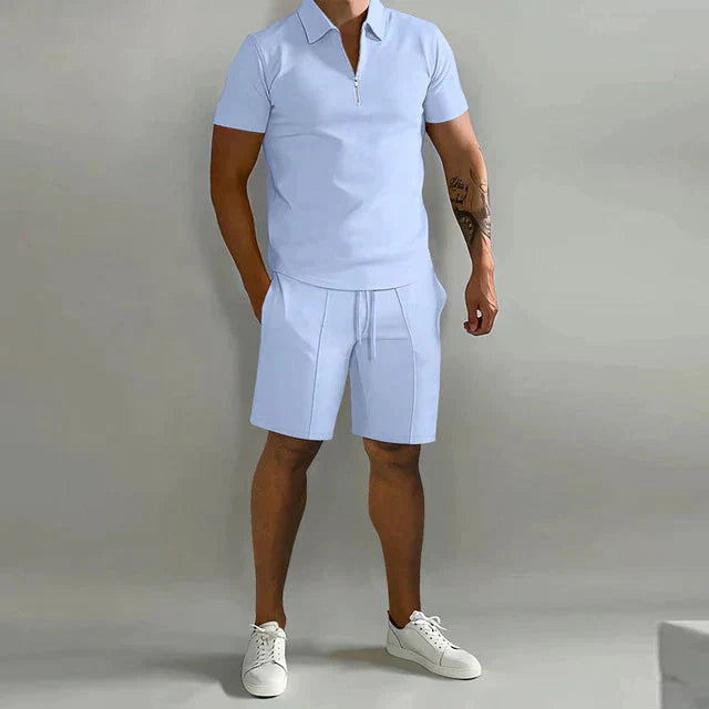 Herren Sommer Viertelreißverschluss Hemd und Shorts Set | 2-teilig-Men Set-Kremer Mode